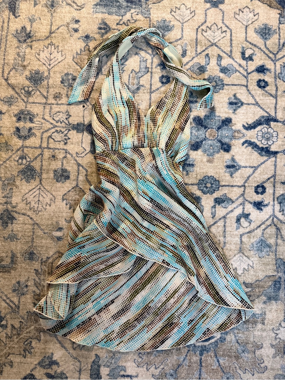 A. Byer Aqua, Brown & Cream Halter Ruffle Mini Dress